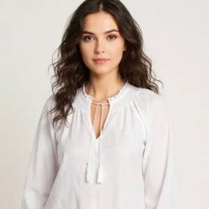 Old Navy Long-Sleeve Smocked Cuff Calla Lily White Linen Blend Blouse - S Tall